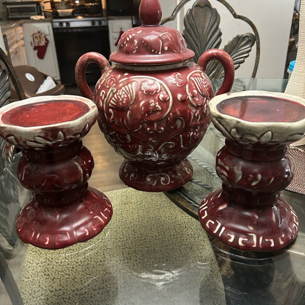 Red Ceramic Teapot and Candle Holders Set
